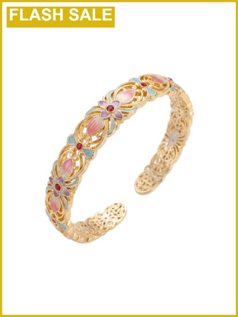 Floral Enamel Open Cuff Bangle Bracelet Cloisonne Women's Vintage
